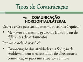 Tipos de Comunicação
VII. COMUNICAÇÃO
HORIZONTAL/LATERAL
Ocorre entre pessoas do mesmo nível hierárquico:
• Membros do mesmo grupo de trabalho ou de
diferentes departamentos.
Por meio dela, é possível:
• Coordenação das atividades e a Solução de
problemas sem a necessidade de direcionar a
comunicação para um superior comum.
 
