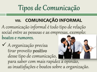 Tipos de Comunicação
VIII. COMUNICAÇÃO INFORMAL
A comunicação informal é todo tipo de relação
social entre as pessoas e as empresas, exemplo:
boatos e rumores.
 A organização precisa
tirar proveito positivo
desse tipo de comunicação,
para saber com mais rapidez a opinião,
as insatisfações e boatos sobre a organização.
 