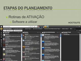 ETAPAS DO PLANEJAMENTO


Rotinas de ATIVAÇÃO
 Software

a utilizar

HOOTSUITE

 