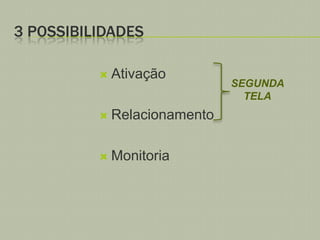 3 POSSIBILIDADES


Ativação



Relacionamento



Monitoria

SEGUNDA
TELA

 