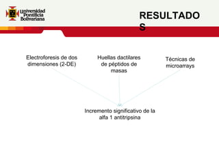 RESULTADOS Electroforesis de dos dimensiones (2-DE) Huellas dactilares de péptidos de masas Técnicas de microarrays Incremento significativo de la alfa 1 antitripsina 