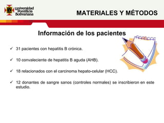 MATERIALES Y MÉTODOS Información de los pacientes 31 pacientes con hepatitis B crónica. 10 convaleciente de hepatitis B aguda (AHB). 18 relacionados con el carcinoma hepato-celular (HCC). 12 donantes de sangre sanos (controles normales) se inscribieron en este estudio. 