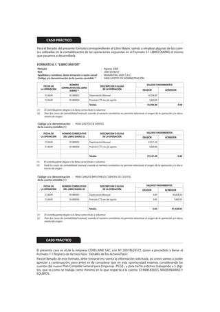 CASO PRÁCTICO

Para el llenado del presente formato correspondiente al Libro Mayor, vamos a emplear algunas de las cuen-
tas utilizadas en la contabilización de las operaciones expuestas en el Formato 5.1 LIBRO DIARIO, el mismo
que pasamos a desarrollarla.

FORMATO 6.1: “LIBRO MAYOR”
Período                                                    :   Agosto 2009
RUC                                                        :   20015594257
Apellidos y nombres, deno minación o razón social          :   MANANTIAL JARA S.A.C.
Código y/o denominación de la cuenta contable (1)          :   9400 GASTOS DE ADMINISTRACIÓN

                             NÚMERO                                                                 SALDOS Y MOVIMIENTOS
        FECHA DE                                          DESCRIPCION O GLOSA
                       CORRELATIVO DEL LIBRO
      LA OPERACIÓN                                          DE LA OPERACIÓN                     DEUDOR               ACREEDOR
                             DIARIO (2)
        31.08.09              50-080002         Depreciación Mensual                                 50,296.80
        31.08.09              50-080004         Provisión CTS mes de agosto                           3,600.00
                                                Totales                                             53,896.80                   0.00

(1)     El contribuyente elegira si lo lleva como titulo o columna
(2)     Para los casos de contabilidad manual, cuando el número correlativo no permita relacionar el origen de la operación y/o docu-
        mento de origen.

Código y/o denominación : 9500 GASTOS DE VENTAS
de la cuenta contable (1)

        FECHA DE        NÚMERO CORRELATIVO                DESCRIPCION O GLOSA                       SALDOS Y MOVIMIENTOS
      LA OPERACIÓN       DEL LIBRO DIARIO (2)               DE LA OPERACIÓN                     DEUDOR              ACREEDOR
        31.08.09              50-080002         Depreciación Mensual                                 33,531.20
        31.08.09              50-080004         Provisión CTS mes de agosto                           4,000.00


                                                Totales                                             37,531.20                   0.00

(1)     El contribuyente elegira si lo lleva como titulo o columna
(2)     Para los casos de contabilidad manual, cuando el número correlativo no permita relacionar el origen de la operación y/o docu-
        mento de origen.


Código y/o denominación : 9900 CARGAS IMPUTABLES CUENTAS DE COSTOS
de la cuenta contable (1)

        FECHA DE        NÚMERO CORRELATIVO                DESCRIPCION O GLOSA                       SALDOS Y MOVIMIENTOS
      LA OPERACIÓN       DEL LIBRO DIARIO (2)               DE LA OPERACIÓN                     DEUDOR              ACREEDOR
        31.08.09              50-080002         Depreciación Mensual                                      0.00             83,828.00
        31.08.09              50-080004         Provisión CTS mes de agosto                               0.00              7,600.00


                                                Totales                                                  0.00             91,428.00

(1)     El contribuyente elegira si lo lleva como titulo o columna
(2)     Para los casos de contabilidad manual, cuando el número correlativo no permita relacionar el origen de la operación y/o docu-
        mento de origen.




         CASO PRÁCTICO

El presente caso es el de la empresa CORELAINE SAC, con Nº 20019624572, quien a procedido a llenar el
Formato 7.1 Registro de Activos Fijos - Detalles de los Activos Fijos”.
Para el llenado de este formato, debe tomarse en cuenta la información solicitada, así como vamos a poder
apreciar a continuación; pero antes es de considerar que en esta oportunidad estamos considerando las
cuentas del nuevo Plan Contable General para Empresas -PCGE-, y para tal fin estamos trabajando a 5 dígi-
tos, que es como se trabaja como mínimo en lo que respecta a la cuenta 33 INMUEBLES, MAQUINARIAS y
EQUIPOS.
 