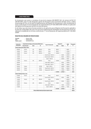 CASO PRÁCTICO

En el presente caso vamos a considerar el caso de la empresa SAN BENITO SAC, de número de RUC Nº
20010015004, quien ha sido designado agente de Percepción (para el presente ejemplo vamos a utilizar
el porcentaje de 2%), en tal razón la implementación del Registro de Percepciones a sido considerando el
inciso a) del artículo 16º de la Resolución de Superintendencia Nº 058-2006/SUNAT referida a la aplicación
del régimen de Percepciones del IGV a la venta de bienes.
Es de indicar que este mismo formato también es de aplicación para el Régimen de Percepción aplicable a
la venta de combustible, del cual, en el caso de la implementación del Registro de Percepciones ha de con-
siderarse lo establecido en el inciso a) del artículo 11º de la Resolución de Superintendencia Nº 128-2002/
SUNAT.

REGISTRO DEL RÉGIMEN DE PERCEPCIONES
Período                : Agosto 2009
RUC                    : 20010015004
Razón social           : SAN BENITO SAC

 Fecha de la     Comprobante de Pago y/o Documento Referencial                                   Importe S/.        Saldo     Percepción
                                                                  Tipo de Transacción
 Transacción     Denominación         Serie             Nº                                   Debe        Haber       S/.          S/.

Cliente: Mamanchura Meza, Pedro
   06.08.09          Factura           001           0000124              Venta              800.00                800.00
   10.08.09          Factura           001           0000131              Venta              900.00                1,700.00
   12.08.09          Factura           001           0000138              Venta             1,000.00               2,700.00
   15.08.09                                                      Cobro Parcial F/. 000124                500.00    2,200.00     10.00
   15.08.09                                                      Cobro Parcial F/. 000131                400.00    1,800.00      8.00
   15.08.09                                                         Cobro F/. 000138                    1,000.00   800.00       20.00
   21.08.09          Factura           001           0000142              Venta             1,000.00               1,800.00
   26.08.09                                                      Cobro saldo F/. 000124                  300.00    1,500.00      6.00
   28.08.09                                                      Cobro saldo F/. 000131                  500.00    1,000.00     10.00
   26.08.09          cheque                           452248         Pago F/. 000142                    1,000.00   3,580.00     60.00
   28.08.09          cheque                           452301     Pago Parcial F/. 000150                 500.00    3,080.00     30.00
   28.08.09          cheque                           452400     Pago parcial F/. 000155                1,200.00   1,880.00     72.00
                                                                                            3,700.00    2,700.00                54.00
Cliente: Mendoza Flores, Juan
   07.08.09          Factura           001           0000125              Venta              900.00                900.00
   07.08.09                                                      Cobro Parcial F/. 000125                300.00    600.00        6.00
   12.08.09          Factura           001           0000140              Venta             1,800.00               2,400.00
   12.08.09                                                      Cobro Parcial F/. 000125                500.00    1,900.00     10.00
   15.08.09          Factura           001           0000141              Venta              720.00                2,620.00
   26.08.09                                                      Cobro saldo F/. 000125                  100.00    2,520.00      2.00
   31.08.09                                                         Cobro F/. 000140                    1,800.00   720.00       36.00
                                                                                            3,420.00    2,700.00                54.00
                                         TOTAL PERCEPCION DEL MES DE AGOSTO 2009                                               108.00
 