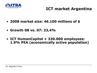 ICT market Argentina 2008 market size: 46.100 millions of $ Growth 08 vs. 07: 23,4% ICT HumanCapital + 330.000 employees: 1.9% PEA (economically active population) 