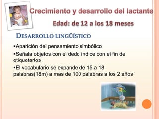 DESARROLLO LINGÜÍSTICO
Aparición del pensamiento simbólico
Señala objetos con el dedo índice con el fin de
etiquetarlos
El vocabulario se expande de 15 a 18
palabras(18m) a mas de 100 palabras a los 2 años
 
