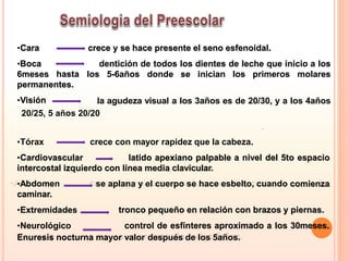 •Cara
•Boca
6meses hasta
permanentes.
•Visión
crece y se hace presente el seno esfenoidal.
dentición de todos los dientes de leche que inicio a los
los 5-6años donde se inician los primeros molares
la agudeza visual a los 3años es de 20/30, y a los 4años
•Tórax crece con mayor rapidez que la cabeza.
•Cardiovascular latido apexiano palpable a nivel del 5to espacio
intercostal izquierdo con línea media clavicular.
se aplana y el cuerpo se hace esbelto, cuando comienza
•Abdomen
caminar.
•Extremidades
•Neurológico
tronco pequeño en relación con brazos y piernas.
control de esfínteres aproximado a los 30meses.
Enuresis nocturna mayor valor después de los 5años.
20/25, 5 años 20/20
 
