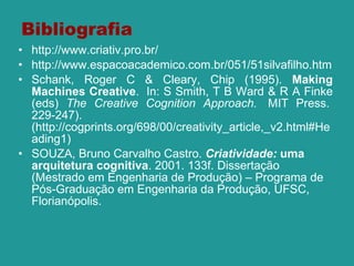 Bibliografia http://www.criativ.pro.br/ http://www.espacoacademico.com.br/051/51silvafilho.htm Schank, Roger C & Cleary, Chip (1995).  Making Machines Creative .  In: S Smith, T B Ward & R A Finke (eds)  The Creative Cognition Approach.   MIT Press.  229-247). ( http://cogprints.org/698/00/creativity_article,_v2.html#Heading1)  SOUZA, Bruno Carvalho Castro.  Criatividade:  uma arquitetura cognitiva . 2001. 133f. Dissertação (Mestrado em Engenharia de Produção) – Programa de Pós-Graduação em Engenharia da Produção, UFSC, Florianópolis. 