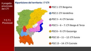 Il progetto
provinciale
del CTI
PDZ 1: CTI Bergamo
PDZ 2: CTI Verdellino
PDZ 3 – 4: CTI Seriate
PDZ 5 – 6 – 7: CTI Borgo di Terzo
PDZ 8 – 9: CTI Gazzaniga
PDZ 10 – 11 – 12: CTI Suisio
PDZ 13 – 14: CTI Casirate
Ripartizione del territorio: i 7 CTI
7 C.T.I.
Provinciali
 