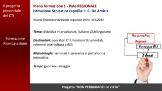 Il progetto
provinciale
del CTI
Formazione
Ricerca-azione
Risorse finanziarie da bando regionale DM n. 351/2014
Piano formazione 1 - Polo REGIONALE
Istituzione Scolastica capofila: I. C. De Amicis
Tema: didattica interculturale, italiano L2,bilinguismo
Destinatari: operatori CTI, Funzioni Strumentali,
referenti intercultura e BES
Metodologia: seminari in presenza e piattaforma
interattiva
Tempi: gennaio – maggio
Progetto “NON PERDIAMOCI DI VISTA”
 