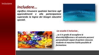 Includere…
significa rimuovere qualsiasi barriera agli
apprendimenti e alla partecipazione
superando la logica dei bisogni educativi
speciali.
Inclusione
…se è in grado di accogliere le
diversità/differenze e di costruire percorsi
personalizzati capaci di portare ciascuno
studente al massimo livello possibile di
formazione.
La scuola è inclusiva…
 