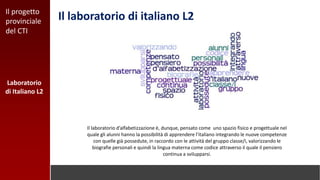 Il laboratorio di italiano L2
Il laboratorio d’alfabetizzazione è, dunque, pensato come uno spazio fisico e progettuale nel
quale gli alunni hanno la possibilità di apprendere l’italiano integrando le nuove competenze
con quelle già possedute, in raccordo con le attività del gruppo classe/i, valorizzando le
biografie personali e quindi la lingua materna come codice attraverso il quale il pensiero
continua a svilupparsi.
Laboratorio
di Italiano L2
Il progetto
provinciale
del CTI
 