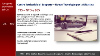 Il progetto
provinciale
del CTI
Centro Territoriale di Supporto – Nuove Tecnologie per la Didattica
CTS - NTD
CTS – NTD e BES
Fornire i docenti di supporti tecnologici (sw e
hw) utili agli allievi con difficoltà di
apprendimento non momentanee (origine
fisica, biologica, fisiologica, psicologica, socio-
economica o culturale) attraverso attività di
consulenza presso il CTS
Formazione dei docenti sia c/o il CTS che
negli Istituti Scolastici che fanno richiesta
(corsi su ADHD, LIM…)
Fornire materiale a ragazzi e famiglie
(consulenza)
 