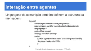 Interação entre agentes
Linguagens de comunição também definem a estrutura da
mensagem.
Exemplo da estrutura de uma mensagem FIPA-ACL
 