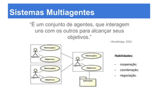 Sistemas Multiagentes
“É um conjunto de agentes, que interagem
uns com os outros para alcançar seus
objetivos.”
- Wooldridge, 2002
Habilidades:
- cooperação;
- coordenação;
- negociação.
 