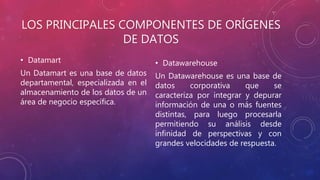 LOS PRINCIPALES COMPONENTES DE ORÍGENES
DE DATOS
• Datamart
Un Datamart es una base de datos
departamental, especializada en el
almacenamiento de los datos de un
área de negocio específica.
• Datawarehouse
Un Datawarehouse es una base de
datos corporativa que se
caracteriza por integrar y depurar
información de una o más fuentes
distintas, para luego procesarla
permitiendo su análisis desde
infinidad de perspectivas y con
grandes velocidades de respuesta.
 