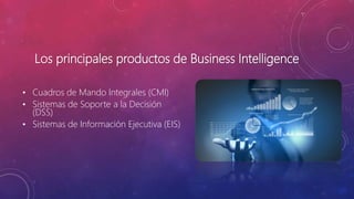 Los principales productos de Business Intelligence
• Cuadros de Mando Integrales (CMI)
• Sistemas de Soporte a la Decisión
(DSS)
• Sistemas de Información Ejecutiva (EIS)
 