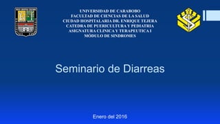 Seminario de Diarreas
Enero del 2016
UNIVERSIDAD DE CARABOBO
FACULTAD DE CIENCIAS DE LA SALUD
CIUDAD HOSPITALARIA DR. ENRIQUE TEJERA
CATEDRA DE PUERICULTURA Y PEDIATRIA
ASIGNATURA CLINICA Y TERAPEUTICA I
MÓDULO DE SINDROMES
 
