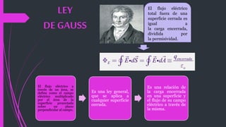 LEY
DE GAUSS
El flujo eléctrico
total fuera de una
superficie cerrada es
igual a
la carga encerrada,
dividida por
la permisividad.
El flujo eléctrico a
través de un área, se
define como el campo
eléctrico multiplicado
por el área de la
superficie proyectada
sobre un plano
perpendicular al campo.
Es una ley general,
que se aplica a
cualquier superficie
cerrada.
Es una relación de
la carga encerrada
en una superficie y
el flujo de su campo
eléctrico a través de
la misma.
 