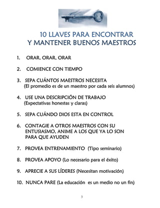 10 LLAVES PARA ENCONTRAR
     Y MANTENER BUENOS MAESTROS

1.   ORAR, ORAR, ORAR

2.   COMIENCE CON TIEMPO

3. SEPA CUÁNTOS MAESTROS NECESITA
   (El promedio es de un maestro por cada seis alumnos)

4. USE UNA DESCRIPCIÓN DE TRABAJO
   (Expectativas honestas y claras)

5. SEPA CUÁNDO DIOS ESTA EN CONTROL

6. CONTAGIE A OTROS MAESTROS CON SU
   ENTUSIASMO, ANIME A LOS QUE YA LO SON
   PARA QUE AYUDEN

7. PROVEA ENTRENAMIENTO (Tipo seminario)

8. PROVEA APOYO (Lo necesario para el éxito)

9. APRECIE A SUS LÍDERES (Necesitan motivación)

10. NUNCA PARE (La educación es un medio no un fin)

                             3
 