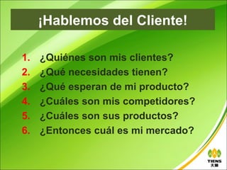 ¡Hablemos del Cliente!

1.   ¿Quiénes son mis clientes?
2.   ¿Qué necesidades tienen?
3.   ¿Qué esperan de mi producto?
4.   ¿Cuáles son mis competidores?
5.   ¿Cuáles son sus productos?
6.   ¿Entonces cuál es mi mercado?
 