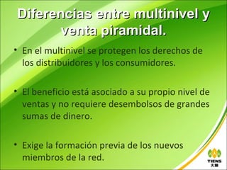 Diferencias entre multinivel y
      venta piramidal.
• En el multinivel se protegen los derechos de
  los distribuidores y los consumidores.

• El beneficio está asociado a su propio nivel de
  ventas y no requiere desembolsos de grandes
  sumas de dinero.

• Exige la formación previa de los nuevos
  miembros de la red.
 