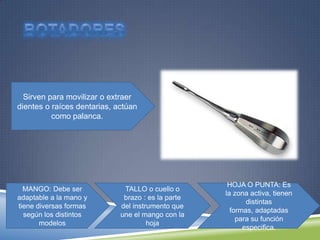 Sirven para movilizar o extraer
dientes o raíces dentarias, actúan
como palanca.
MANGO: Debe ser
adaptable a la mano y
tiene diversas formas
según los distintos
modelos
TALLO o cuello o
brazo : es la parte
del instrumento que
une el mango con la
hoja
HOJA O PUNTA: Es
la zona activa, tienen
distintas
formas, adaptadas
para su función
especifica.
 
