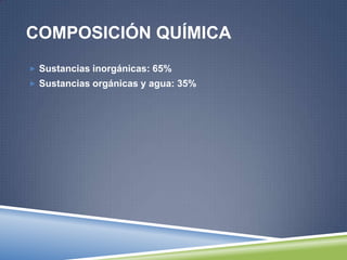 COMPOSICIÓN QUÍMICA
 Sustancias inorgánicas: 65%
 Sustancias orgánicas y agua: 35%
 