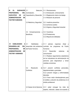 III   EL    QUEHACER 3.1                 Selección, 3.1.1 Reclutamiento
PROFESIONAL         DEL Contratación,                  3.1.2 Introducción, entrenamiento
EJECUTIVO     DE     LA Capacitación y Desarrollo. 3.1.3 Reglamento interior de trabajo
ADMINISTRACION       DE                                3.1.4 Rotación de personal
FACTOR HUMANOS
                          3.2 Medicina y Seguridad     3.2.1 medicina preventiva
                                                       3.2.2 primeros auxilios
                                                       3.2.3 Higiene y Seguridad Industrial


                          3.3   Compensaciones       y 3.3.1 Incentivos
                          Beneficios                   3.3.2 Prestaciones
                                                       3.3.3 Reporte de Utilidades




IV    HABILIDADES     A 4.1       Habilidades        a 4.1.1   planear,      organizar,      dirigir    y
DESARROLLAR         DEL desarrollar del profesional controlar       los    programas       de   Factor
PROFESIONAL          DE del Factor Humano              Humanos
ADMINISTRACION       DE                                4.1.2       Desarrollar       sistemas          de
FACTOR HUMANOS                                         comunicación
                                                       4.1.3 Realizar seguimientos estadísticos
                                                       de los indicadores de administración de
                                                       personal, para diagnosticar y tomar
                                                       medidas correctivas.


                          4.2     Resolución     de 4.2.1      prevenir     conflictos     personales,
                          Conflictos                   departamentales y gremiales
                                                       4.2.2 prevenir riesgos y enfermedades
                                                       laborales
                                                       4.2.3 Tener visión interdisciplinaria para
                                                       el análisis y solución de problemas en el
                                                       ámbito profesional


                          4.3 Asesor de la Gerencia 4.3.1      saber      conjugar   los    roles      de
                                                       experto, instructor, asesor de acuerdo a
 