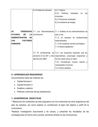 6.2 Problemas Actuales   6.2.1 Salario
                                                        6.2.2   Políticas   obsoletas   en      las
                                                        empresas
                                                        6.2.3 Presiones sindicales
                                                        6.2.4 Ambiente de trabajo




VII           TENDENCIAS 7.1 Los Administradores 7.1.1 Análisis de los administradores de
FUTURAS          DE     LA de Personal                  ayer y hoy
ADMINISTRACION          DE                              7.1.2 La escasez de profesionistas
LOS             FACTORES                                especializados
HUMANOS                                                 7.1.3 El constante cambio tecnológico
                                                        7.1.4 Nueva legislación


                               7.2 El profesionista de 7.2.1 Las empresas requieren que los
                               personal en los 90” y más especialistas, propongan programas y
                               allá del año 2000        formen parte activa en ellos
                                                        7.2.2 Considerará nuevos valores y
                                                        necesidades humanas
                                                        7.2.3 Otros desafíos


6.- APRENDIZAJES REQUERIDOS
Conocimientos sobre las materias de:
         Capital Humano I
         Capital Humano II
         Sueldos y salarios
         Políticas y técnicas de las prestaciones


7.- SUGERENCIAS DIDÁCTICAS
* Relacionar los contenidos de esta asignatura con los contenidos de otras asignaturas del
plan de estudios, así como explicar su contribución al logro del objetivo y perfil de la
Licenciatura.
*Realizar investigación documental y de campo, y presentar los resultados de las
investigaciones en forma oral y escrita, poniendo énfasis en las conclusiones.
 