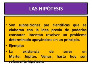 LAS HIPÓTESIS

• Son suposiciones pre científicas que se
  elaboran con la idea previa de poderlas
  constatar. Intentan resolver un problema
  determinado apoyándose en un principio.
• Ejemplo:
• La      existencia    de     seres      en
  Marte, Júpiter, Venus; hasta hoy son
  solamente hipótesis.
 