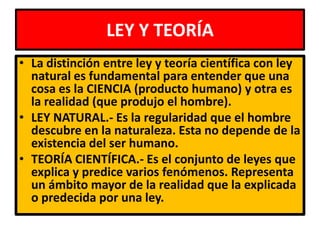 LEY Y TEORÍA
• La distinción entre ley y teoría científica con ley
  natural es fundamental para entender que una
  cosa es la CIENCIA (producto humano) y otra es
  la realidad (que produjo el hombre).
• LEY NATURAL.- Es la regularidad que el hombre
  descubre en la naturaleza. Esta no depende de la
  existencia del ser humano.
• TEORÍA CIENTÍFICA.- Es el conjunto de leyes que
  explica y predice varios fenómenos. Representa
  un ámbito mayor de la realidad que la explicada
  o predecida por una ley.
 