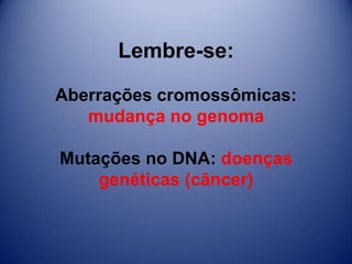 Lembre-se:
Aberrações cromossômicas:
mudança no genoma
Mutações no DNA: doenças
genéticas (câncer)
 
