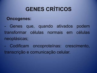 GENES CRÍTICOS
Oncogenes:
- Genes que, quando ativados podem
transformar células normais em células
neoplásicas;
- Codificam oncoproteínas: crescimento,
transcrição e comunicação celular.
 