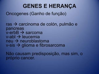 GENES E HERANÇA
Oncogenes (Ganho de função)
ras  carcinoma de colón, pulmão e
pancreas
v-erbB  sarcoma
v-abl  leucemia
neu  neuroblastoma
v-sis  glioma e fibrosarcoma
Não causam predisposição, mas sim, o
próprio cancer.
 
