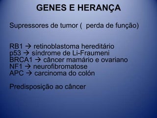 GENES E HERANÇA
Supressores de tumor ( perda de função)
RB1  retinoblastoma hereditário
p53  síndrome de Li-Fraumeni
BRCA1  câncer mamário e ovariano
NF1  neurofibromatose
APC  carcinoma do colón
Predisposição ao câncer
 