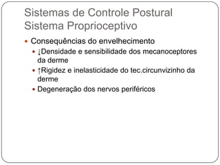 Sistemas de Controle Postural
Sistema Proprioceptivo
 Consequências do envelhecimento
  ↓Densidade e sensibilidade dos mecanoceptores
   da derme
  ↑Rigidez e inelasticidade do tec.circunvizinho da
   derme
  Degeneração dos nervos periféricos
 