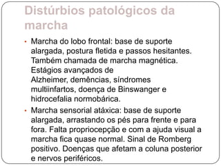 Distúrbios patológicos da
marcha
• Marcha do lobo frontal: base de suporte
  alargada, postura fletida e passos hesitantes.
  Também chamada de marcha magnética.
  Estágios avançados de
  Alzheimer, demências, síndromes
  multiinfartos, doença de Binswanger e
  hidrocefalia normobárica.
• Marcha sensorial atáxica: base de suporte
  alargada, arrastando os pés para frente e para
  fora. Falta propriocepção e com a ajuda visual a
  marcha fica quase normal. Sinal de Romberg
  positivo. Doenças que afetam a coluna posterior
  e nervos periféricos.
 