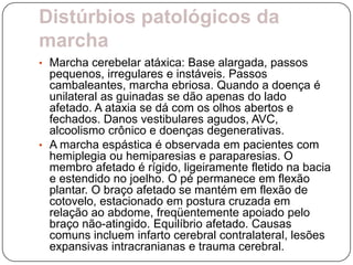 Distúrbios patológicos da
marcha
• Marcha cerebelar atáxica: Base alargada, passos
  pequenos, irregulares e instáveis. Passos
  cambaleantes, marcha ebriosa. Quando a doença é
  unilateral as guinadas se dão apenas do lado
  afetado. A ataxia se dá com os olhos abertos e
  fechados. Danos vestibulares agudos, AVC,
  alcoolismo crônico e doenças degenerativas.
• A marcha espástica é observada em pacientes com
  hemiplegia ou hemiparesias e paraparesias. O
  membro afetado é rígido, ligeiramente fletido na bacia
  e estendido no joelho. O pé permanece em flexão
  plantar. O braço afetado se mantém em flexão de
  cotovelo, estacionado em postura cruzada em
  relação ao abdome, freqüentemente apoiado pelo
  braço não-atingido. Equilíbrio afetado. Causas
  comuns incluem infarto cerebral contralateral, lesões
  expansivas intracranianas e trauma cerebral.
 
