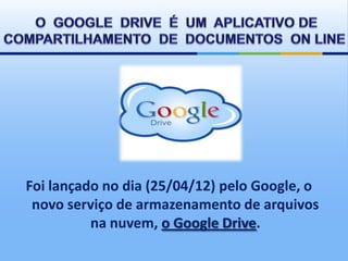 Foi lançado no dia (25/04/12) pelo Google, o
 novo serviço de armazenamento de arquivos
          na nuvem, o Google Drive.
 