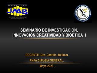 DOCENTE :Dra. Castillo. Delimar
PNFA CIRUGIA GENERAL.
Mayo 2023.
SEMINARIO DE INVESTIGACIÓN,
INNOVACIÓN CREATIVIDAD Y BIOÉTICA I
 