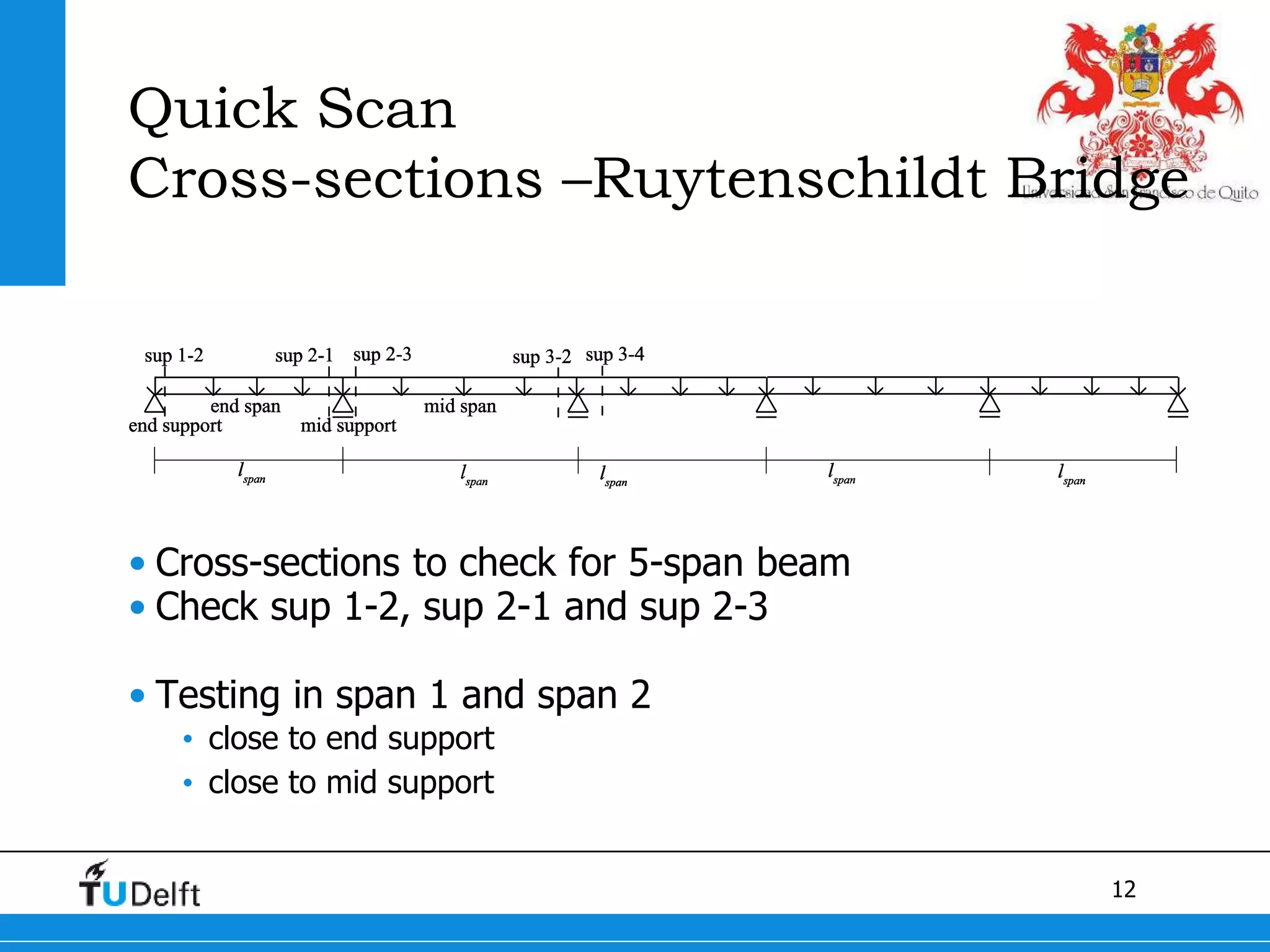 12
Quick Scan
Cross-sections –Ruytenschildt Bridge
• Cross-sections to check for 5-span beam
• Check sup 1-2, sup 2-1 and sup 2-3
• Testing in span 1 and span 2
• close to end support
• close to mid support
 