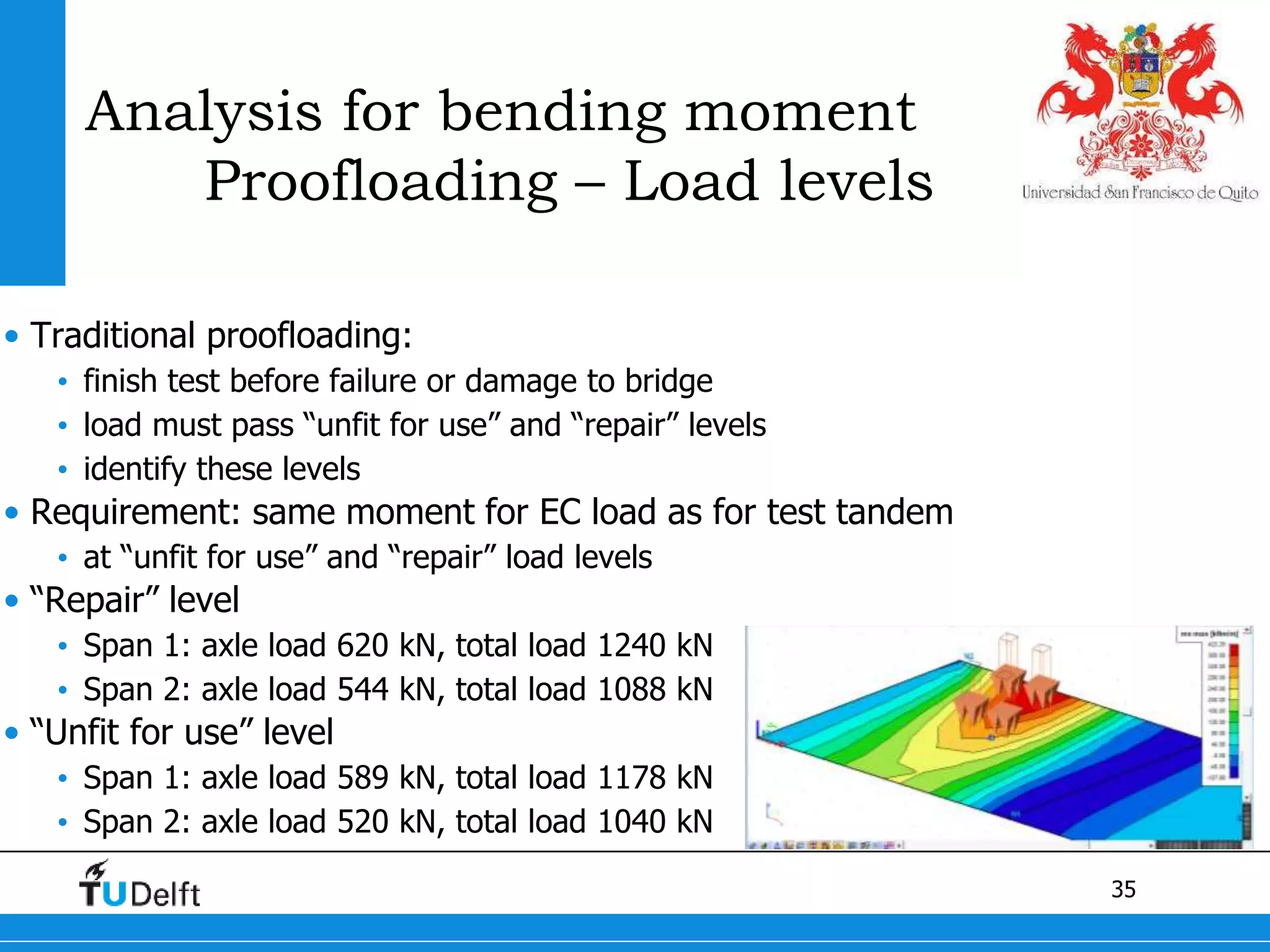 35
Analysis for bending moment
Proofloading – Load levels
• Traditional proofloading:
• finish test before failure or damage to bridge
• load must pass “unfit for use” and “repair” levels
• identify these levels
• Requirement: same moment for EC load as for test tandem
• at “unfit for use” and “repair” load levels
• “Repair” level
• Span 1: axle load 620 kN, total load 1240 kN
• Span 2: axle load 544 kN, total load 1088 kN
• “Unfit for use” level
• Span 1: axle load 589 kN, total load 1178 kN
• Span 2: axle load 520 kN, total load 1040 kN
 
