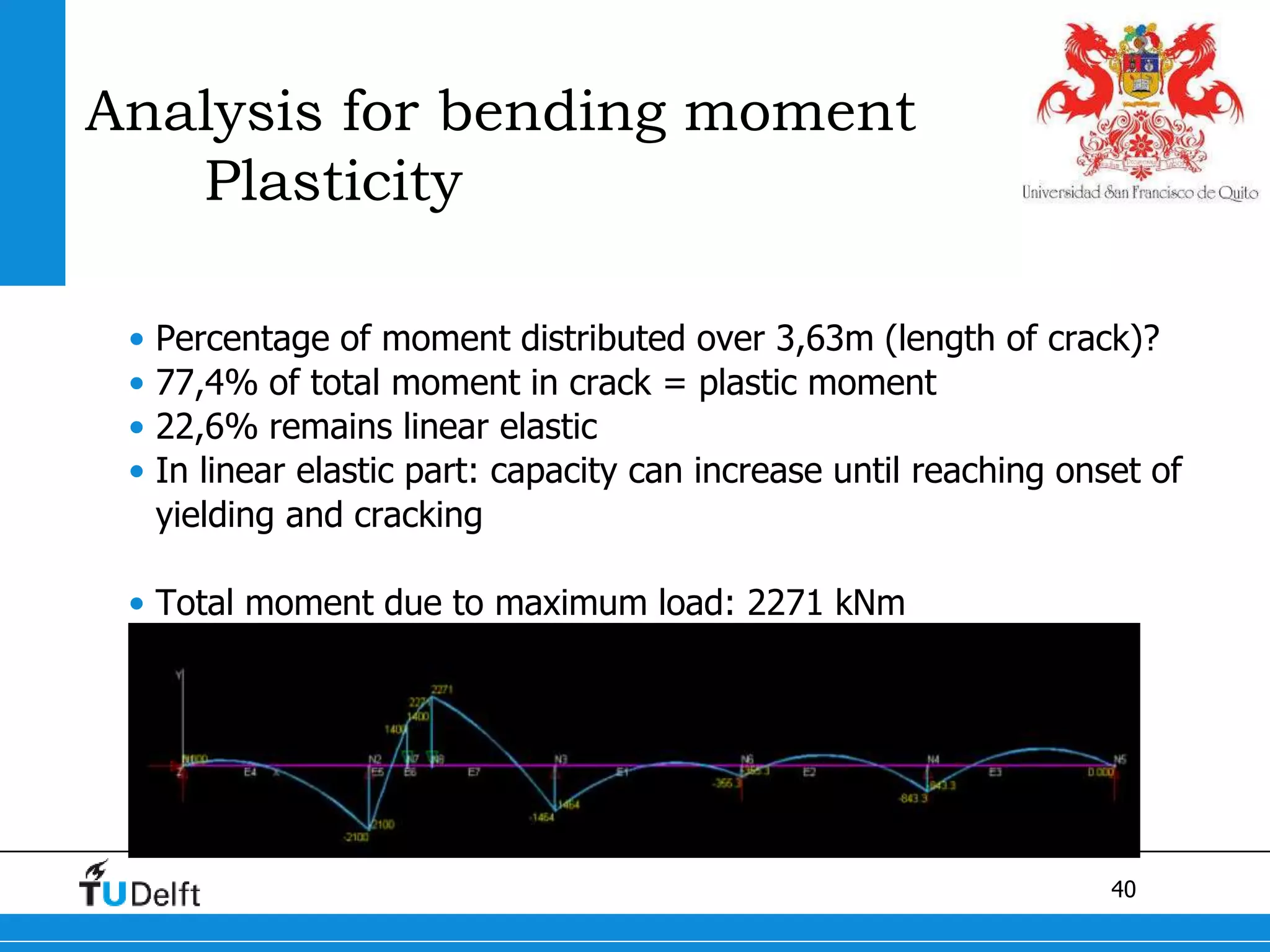 40
Analysis for bending moment
Plasticity
• Percentage of moment distributed over 3,63m (length of crack)?
• 77,4% of total moment in crack = plastic moment
• 22,6% remains linear elastic
• In linear elastic part: capacity can increase until reaching onset of
yielding and cracking
• Total moment due to maximum load: 2271 kNm
 