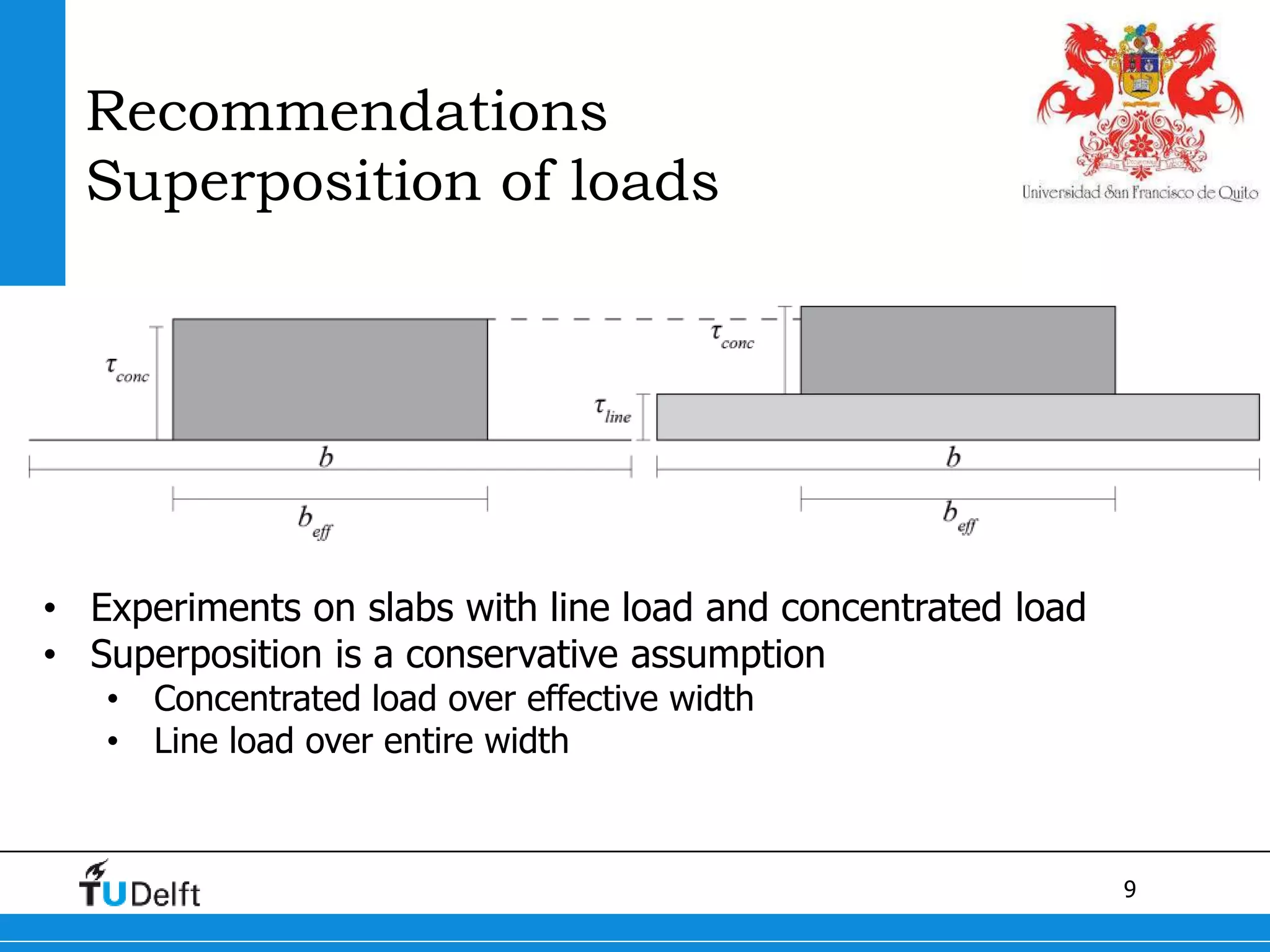 9
Recommendations
Superposition of loads
• Experiments on slabs with line load and concentrated load
• Superposition is a conservative assumption
• Concentrated load over effective width
• Line load over entire width
 