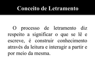 O processo de letramento diz 
respeito a significar o que se lê e 
escreve, é construir conhecimento 
através da leitura e interagir a partir e 
por meio da mesma. 
 