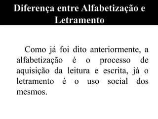 Como já foi dito anteriormente, a 
alfabetização é o processo de 
aquisição da leitura e escrita, já o 
letramento é o uso social dos 
mesmos. 
 