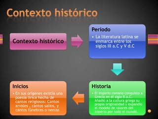 Periodo
                                • La literatura latina se
Contexto histórico                enmarca entre los
                                  siglos III a.C y V d.C




Inicios                         Historia
• En sus orígenes existía una   • El imperio romano conquisto a
  poesía lirica hecha de          Grecia en el siglo II a.C.
  cantos religiosos: Cantos       Añadió a la cultura griega su
  arvales , cantos salios, y      propia originalidad y expandio
                                  el modelo de valores del
  cantos fúnebres o nenias        imperio por todo el mundo.
 