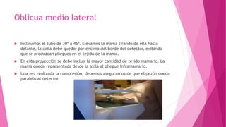 Oblicua medio lateral
 Inclinamos el tubo de 30º a 45º. Elevamos la mama tirando de ella hacia
delante, la axila debe quedar por encima del borde del detector, evitando
que se produzcan pliegues en el tejido de la mama.
 En esta proyección se debe incluir la mayor cantidad de tejido mamario. La
mama queda representada desde la axila al pliegue inframamario.
 Una vez realizada la compresión, debemos asegurarnos de que el pezón queda
paralelo al detector
 