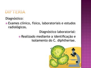 Diagnóstico:
 Exames clínico, físico, laboratoriais e estudos
  radiológicos.
                        Diagnóstico laboratorial:
          Realizado mediante a identiﬁcação e
                  isolamento do C. diphtheriae.
 